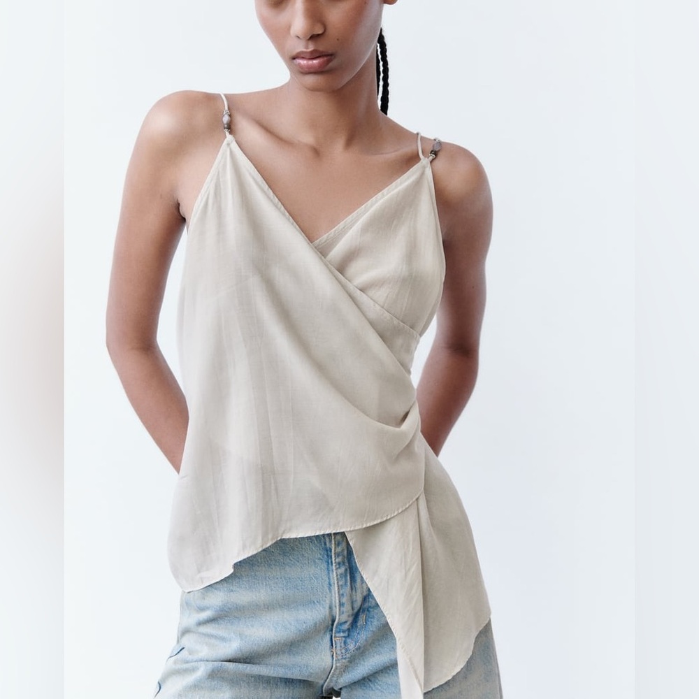 Zara Beaded Asymmetric Backless Top in Stone